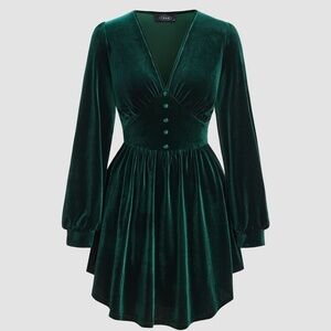 Cider Brand Green Velvet V-Neck Button Dress sz S Like New, Goth Gothic Style